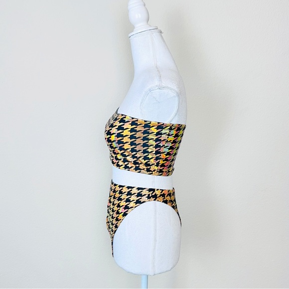 TastefulGirl Black & Gold Holo Houndstooth Tube Top & High Leg Bottom Rave Set - Picture 4 of 13